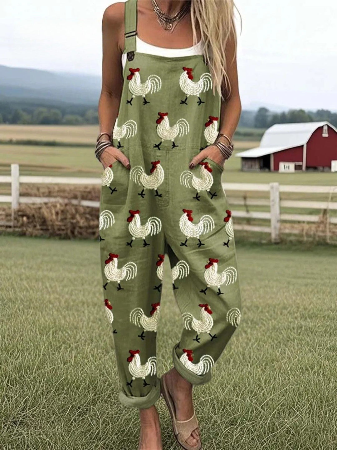 Rise and Roost jumpsuit for women, olive green with rooster print, relaxed fit, sizes AU 8-24