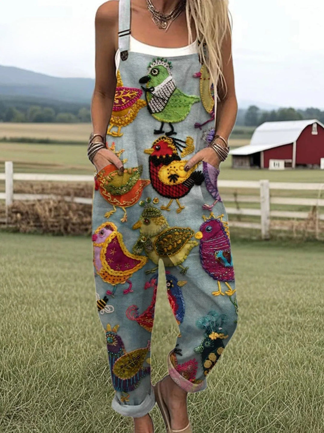 Vintage Colourful Bird jumpsuit for women, burnt orange with bird patches, wide-leg fit, sizes AU 8-24
