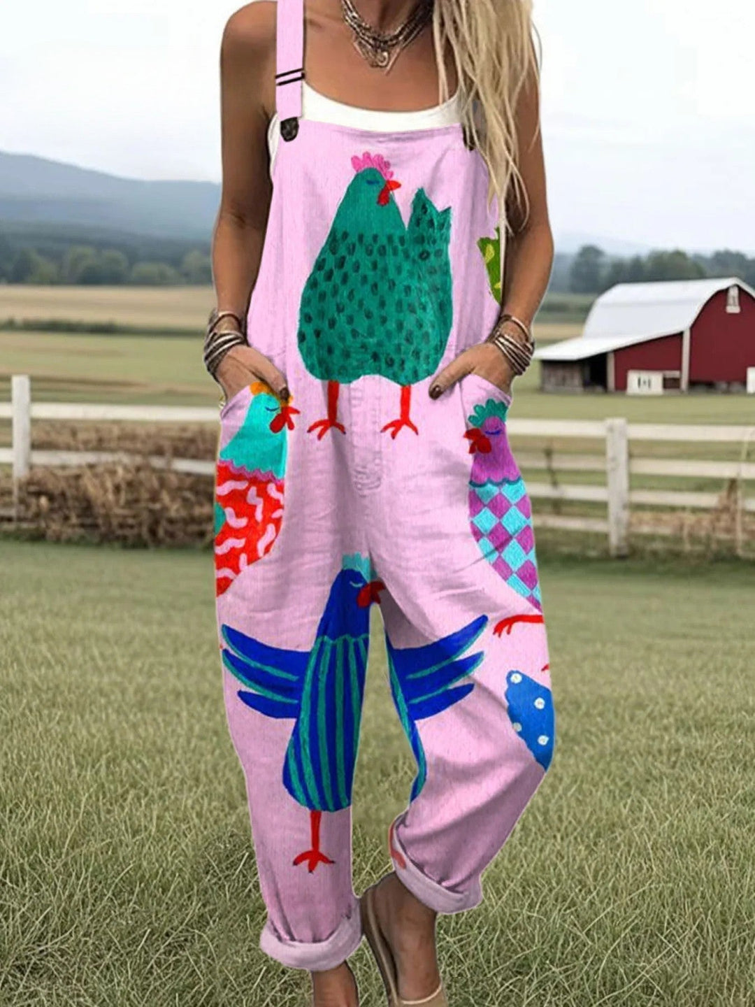 Sunny Coop jumpsuit for women, soft pink with painted chicken print, relaxed fit, sizes AU 8-24