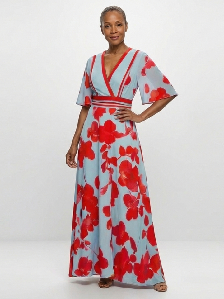 Jean | V Neck Short Sleeve Floral Maxi Dress