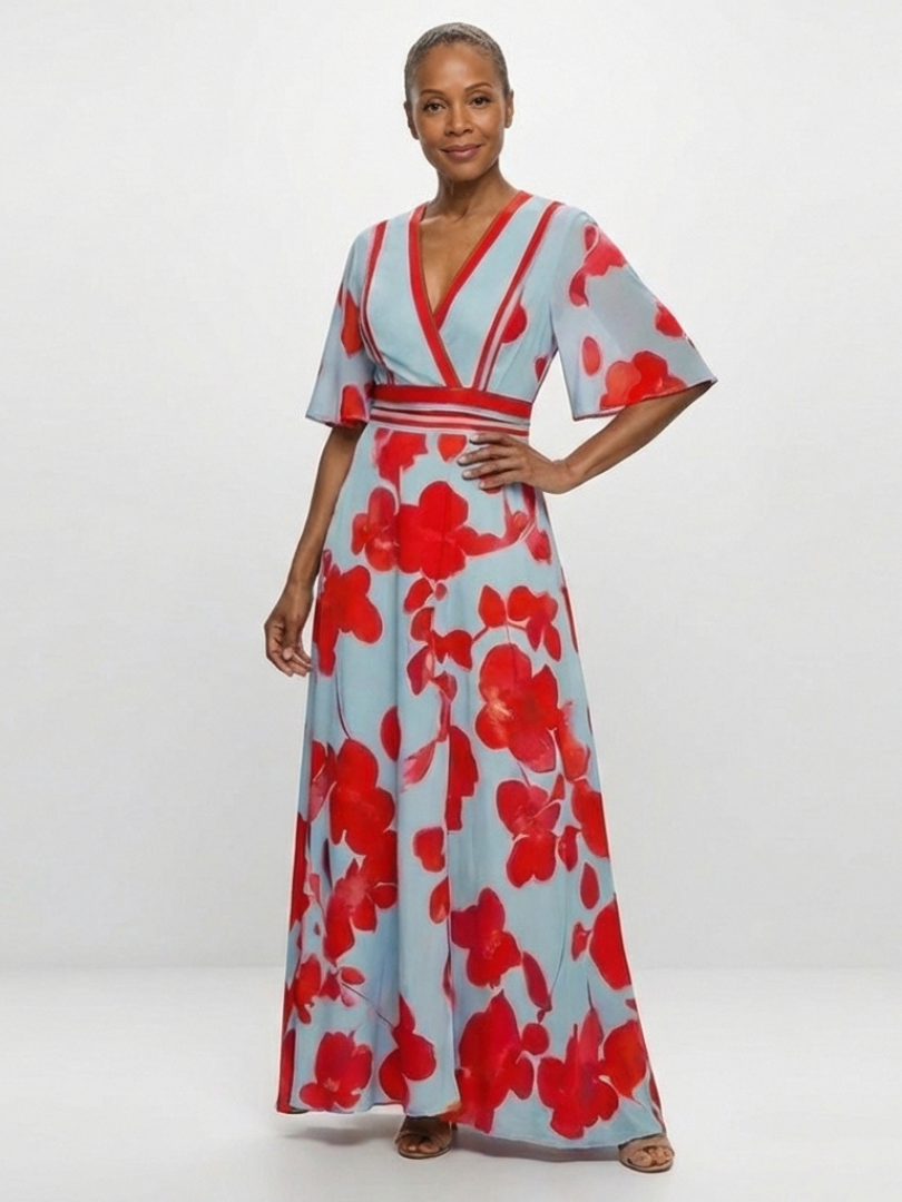 Georgia | V Neck Short Sleeve Floral Maxi Dress