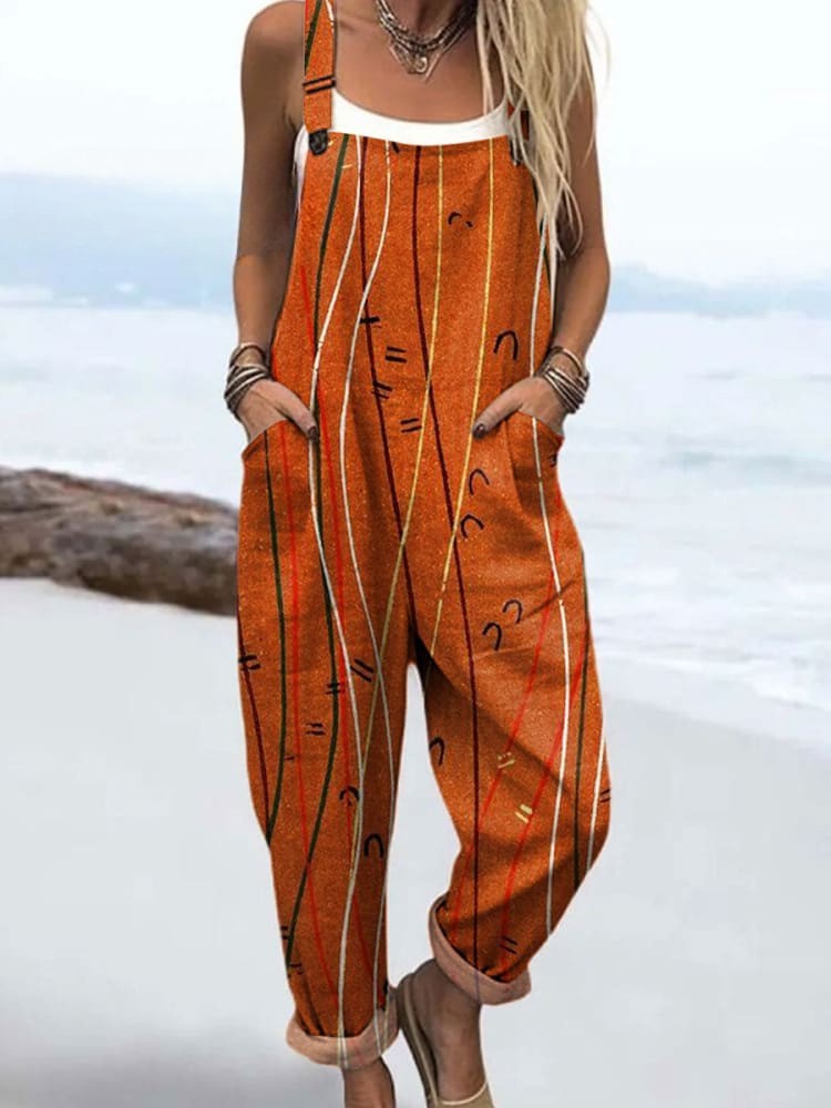 Artistic Line jumpsuit for women, burnt orange with flowing line print, wide-leg fit, sizes AU 8-24