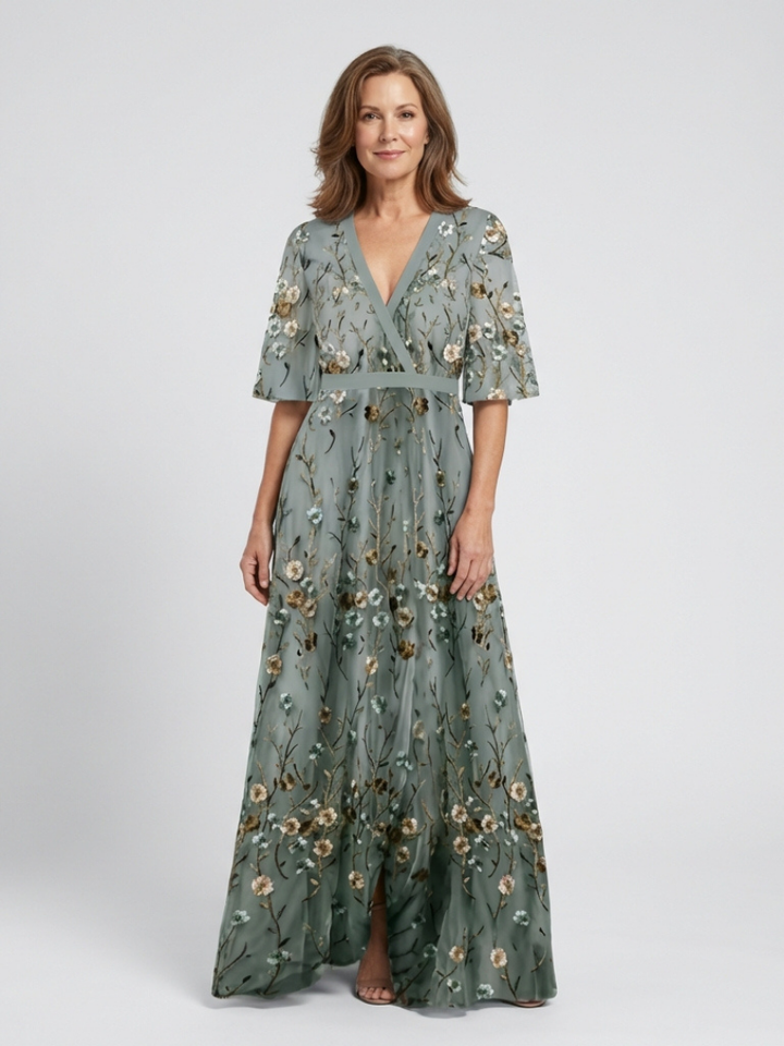 Barbara | Floral V Neck Short Sleeve Maxi Dress