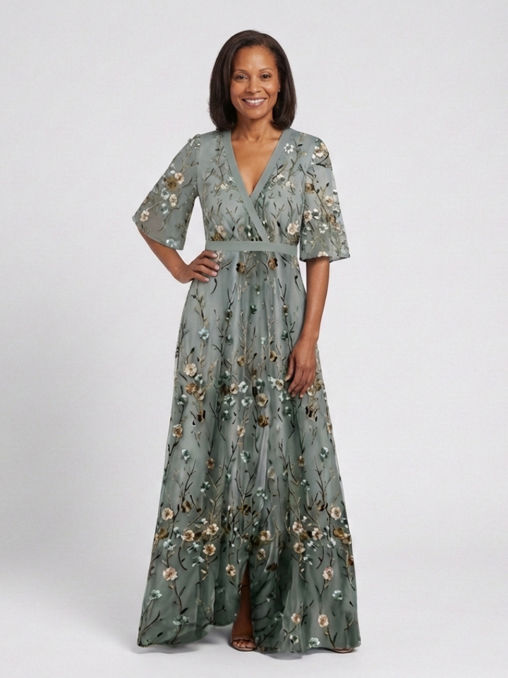 Barbara | Floral V Neck Short Sleeve Maxi Dress