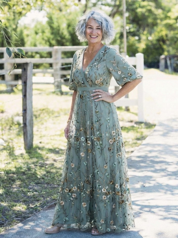 Barbara | Floral V Neck Short Sleeve Maxi Dress