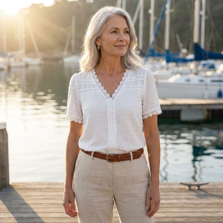 Lorelei | White Lace-Trim V-Neck Blouse