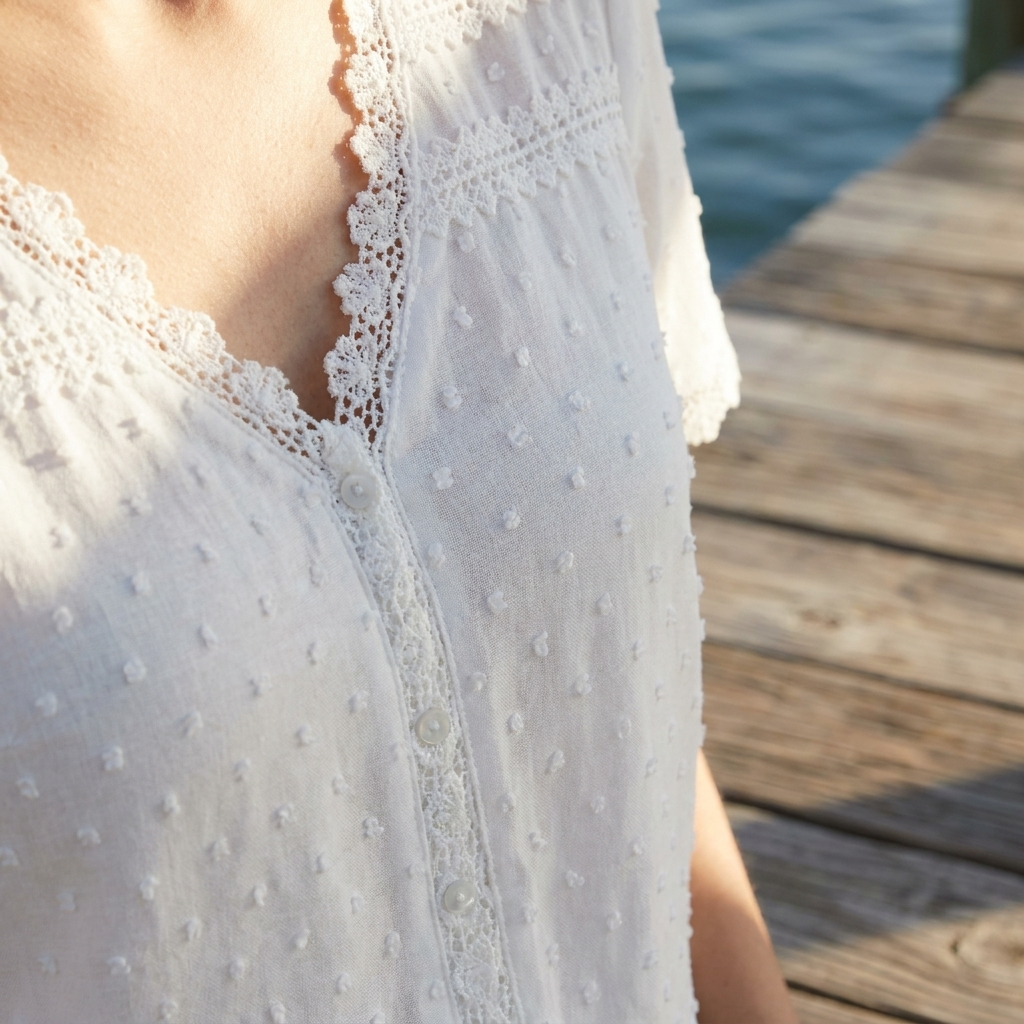 Lorelei | White Lace-Trim V-Neck Blouse