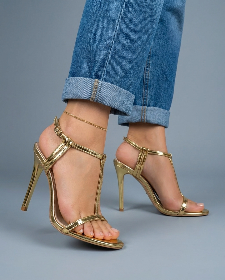Viola | Gold Metallic T-Strap Stiletto Heels