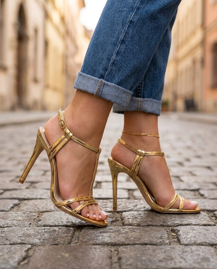 Viola | Gold Metallic T-Strap Stiletto Heels