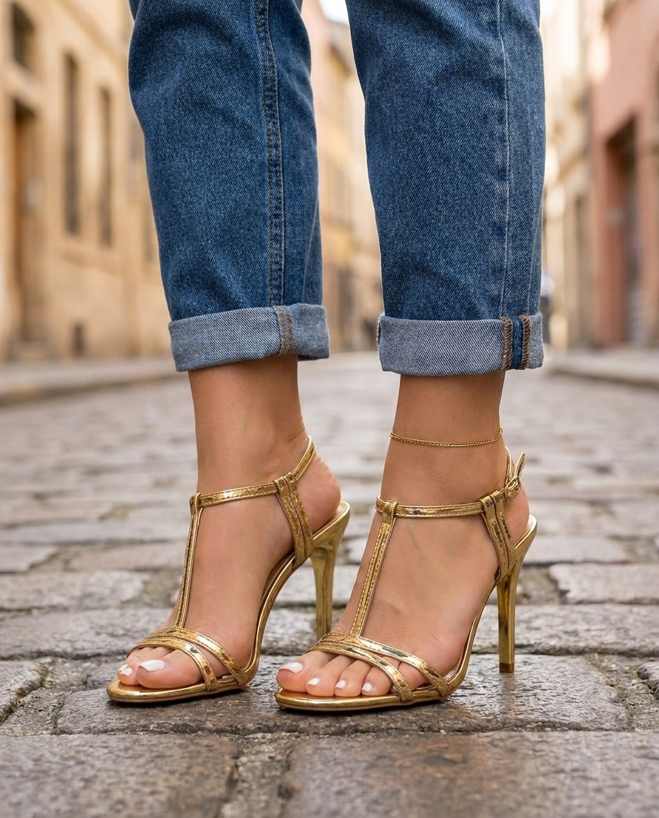 Viola | Gold Metallic T-Strap Stiletto Heels