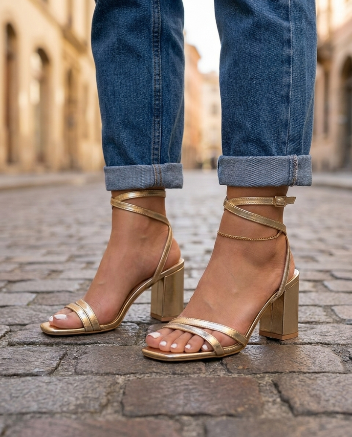 Virginia | Gold Metallic Block Heel Sandals