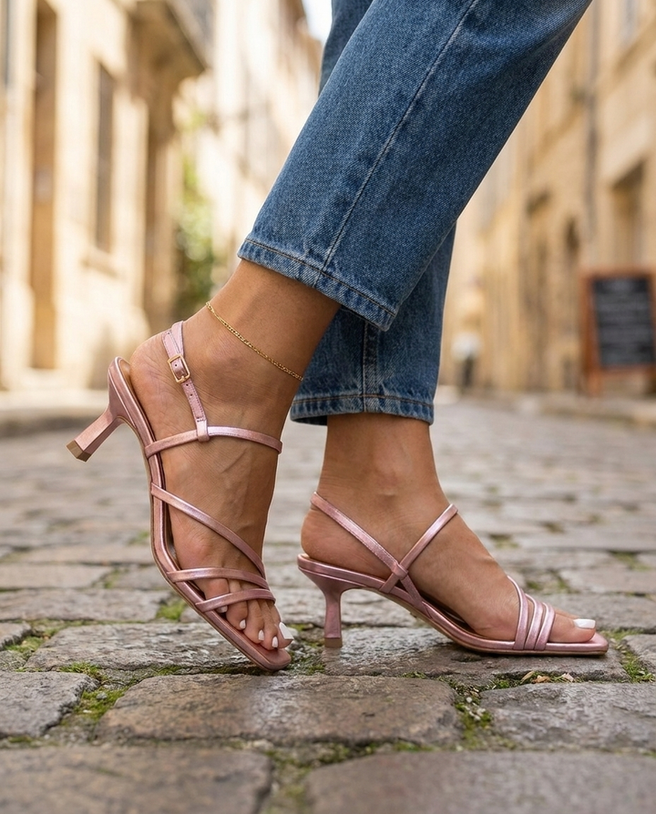 Roxanne | Pink Metallic Strappy Kitten Heels