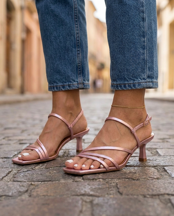 Roxanne | Pink Metallic Strappy Kitten Heels