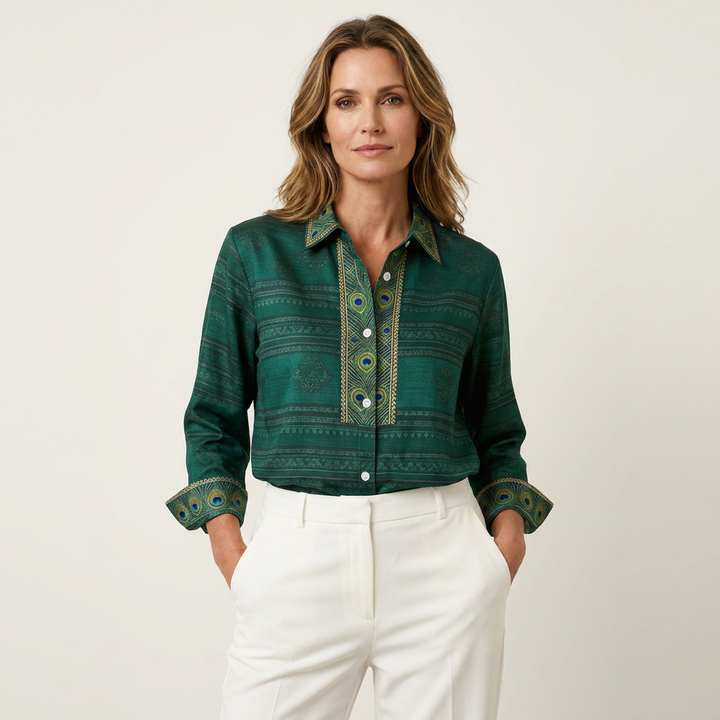Cara | Peacock Feather Print Button-Front Blouse