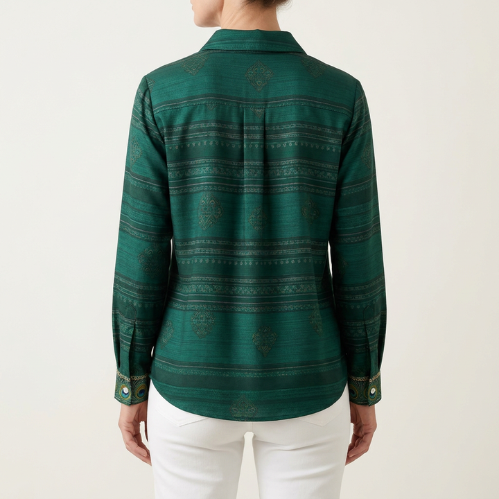 Cara | Peacock Feather Print Button-Front Blouse