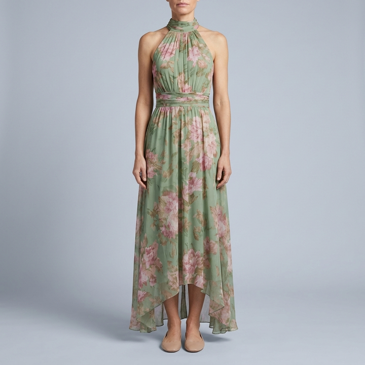 Halter Neck Floral Maxi Dress - Pleated Belted Women's