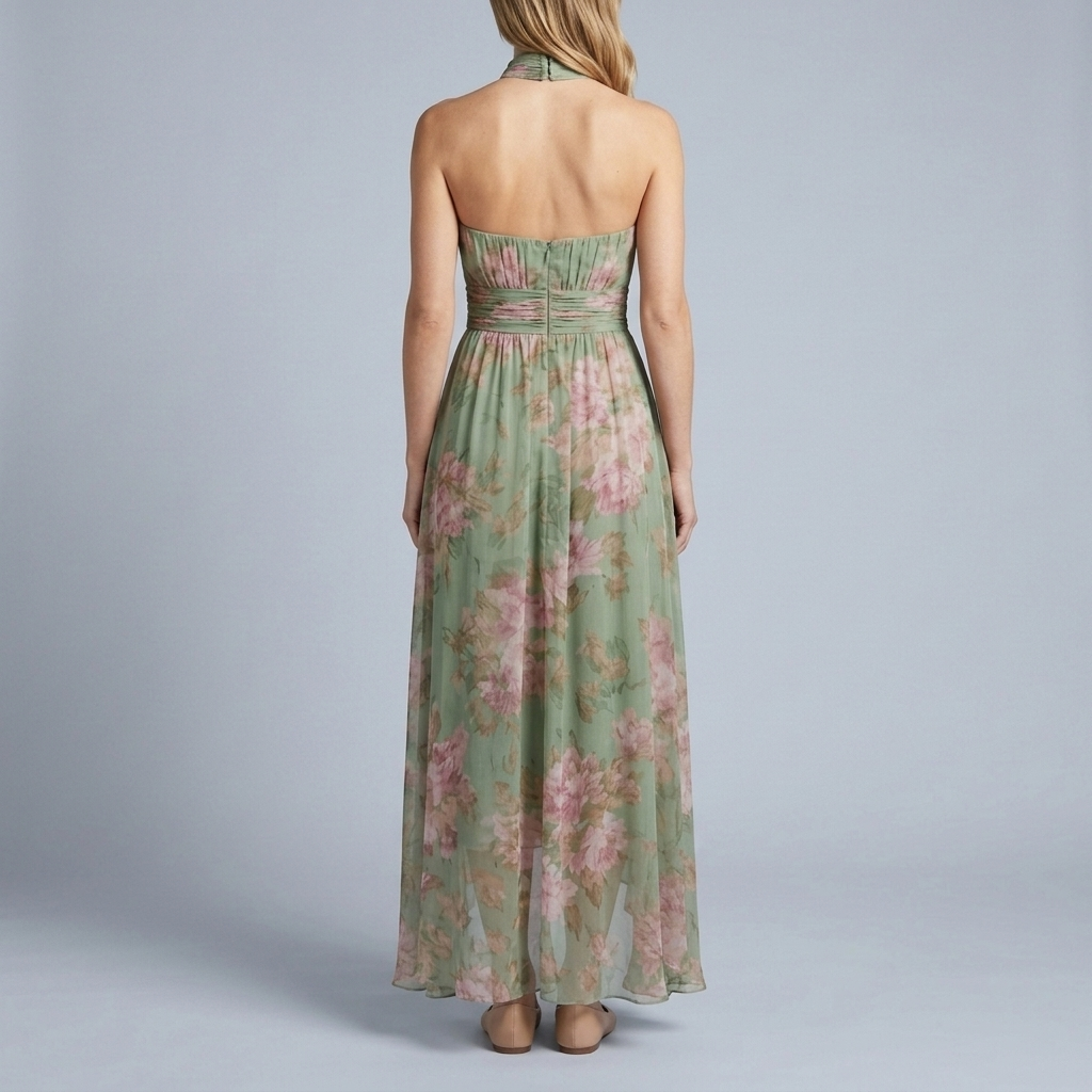 Halter Neck Floral Maxi Dress - Pleated Belted Women's