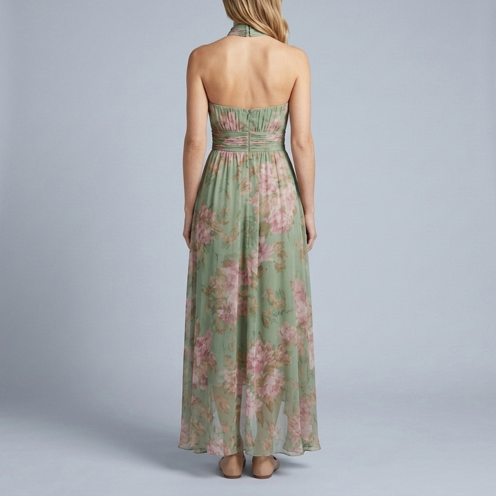 Halter Neck Floral Maxi Dress - Pleated Belted Women's