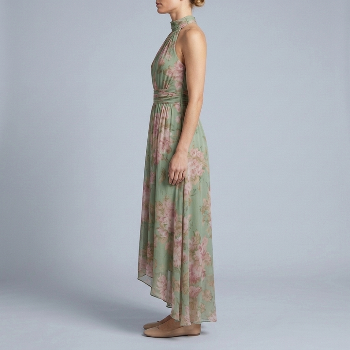 Halter Neck Floral Maxi Dress - Pleated Belted Women's