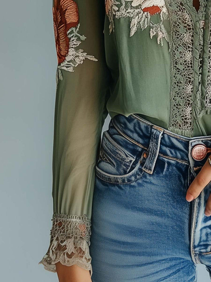 Evelina | Lace-Trim Floral Blouse