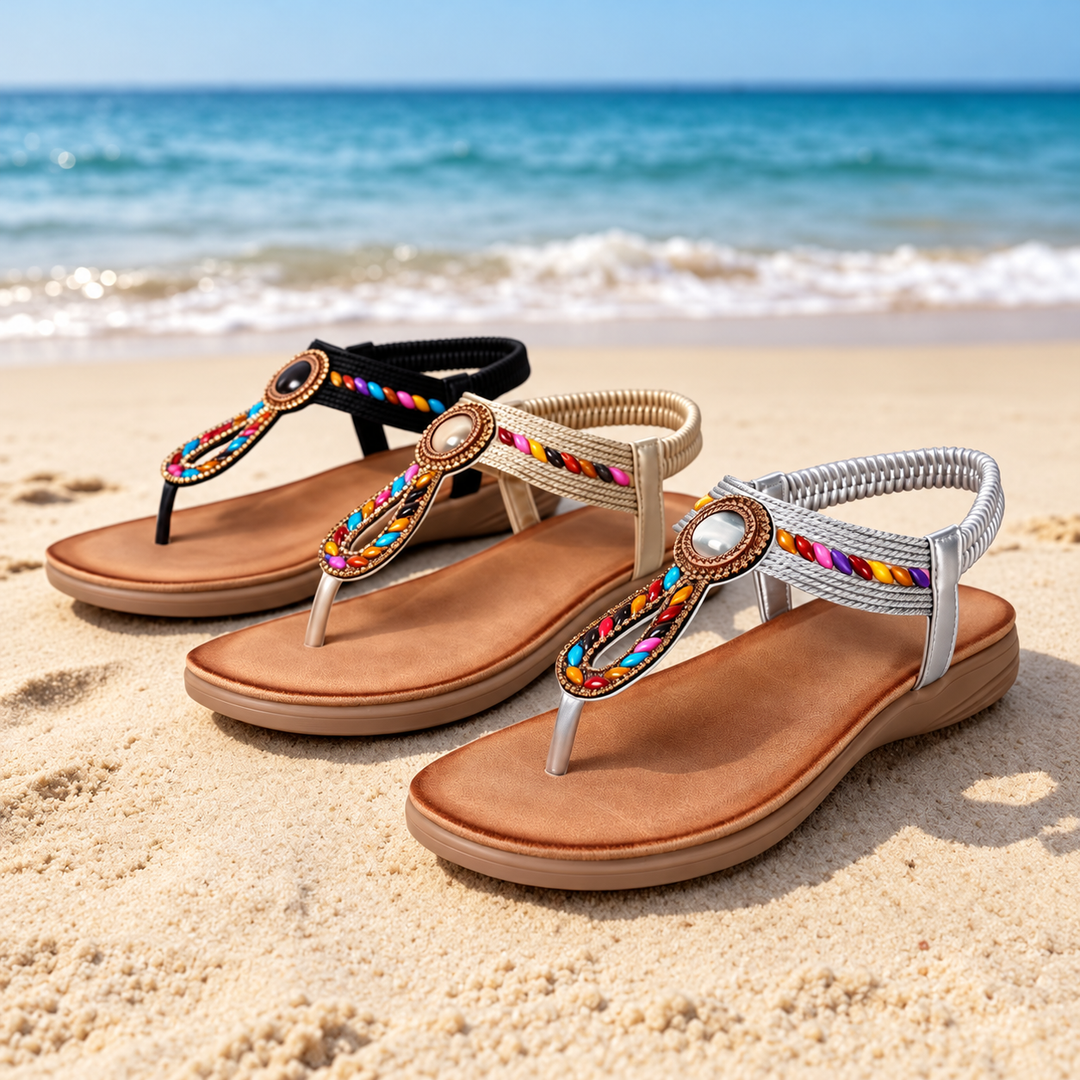 Rosalie sandals in Black, Gold and Silver on the beach